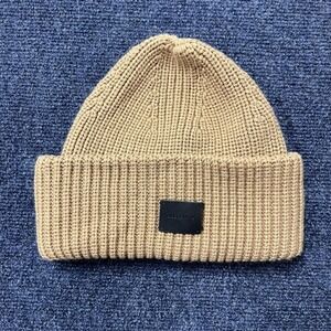 AllSaints Hat Beanie Mens One Size Beige Ribbed Cuffed Half Cardigan Knit Logo